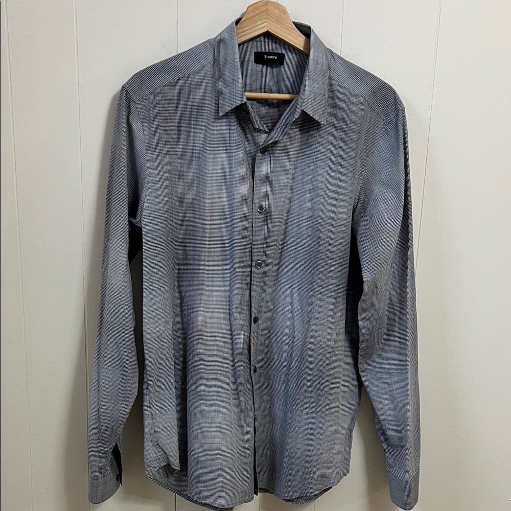 Theory Zach PS Palmate Slim Fit Button Down Blue Black Tonal Glen Plaid Shirt L